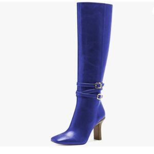 FSJ Women Fashion Knee High Long Boots Pull On Closed Toe Chunky Mid Heel Blue